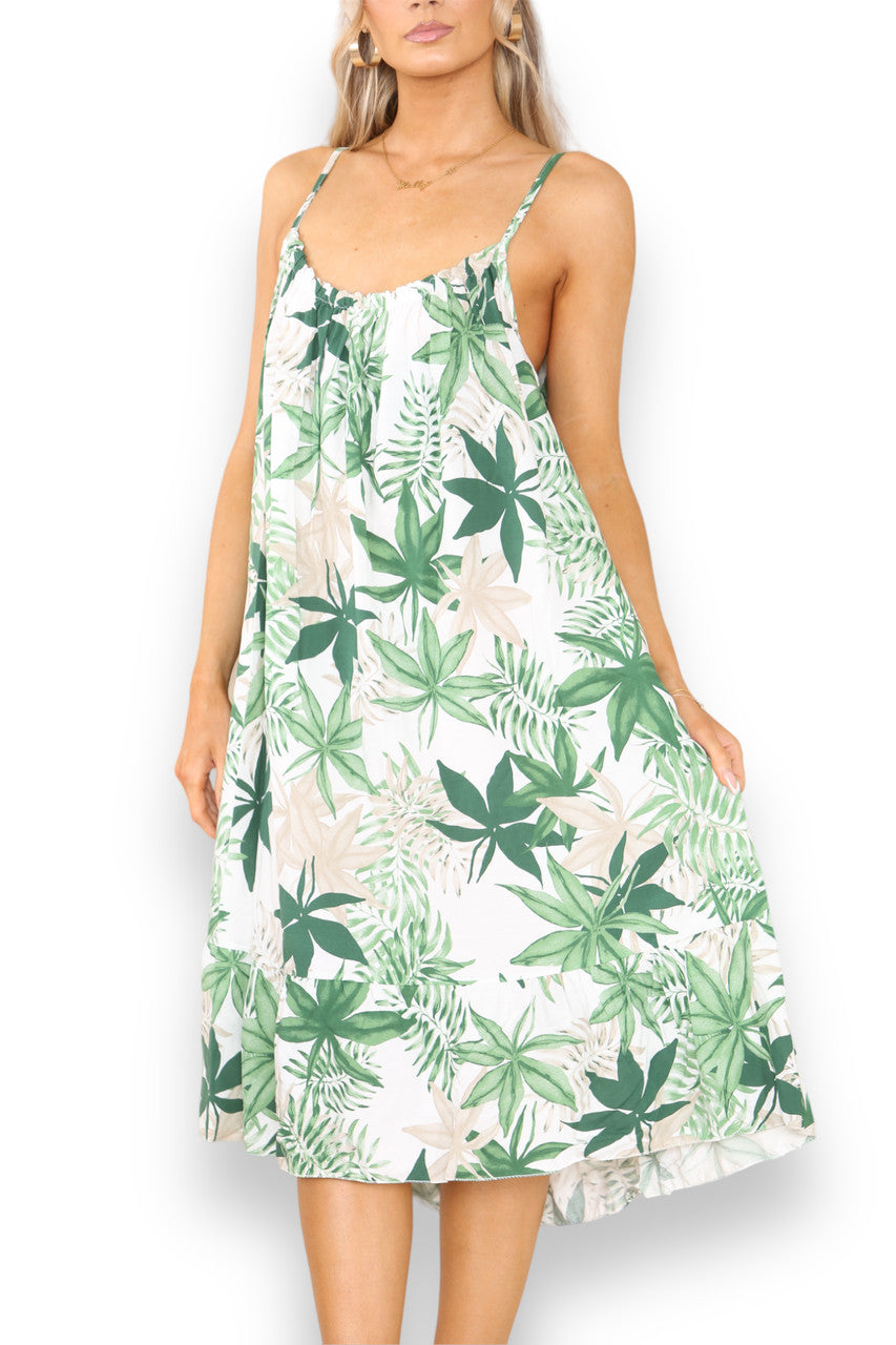 Ladies Leaf Mix Print Strappy Dress Green
