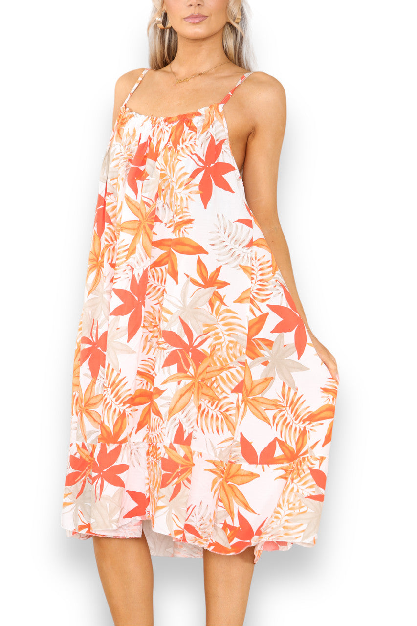 Ladies Leaf Mix Print Strappy Dress Orange