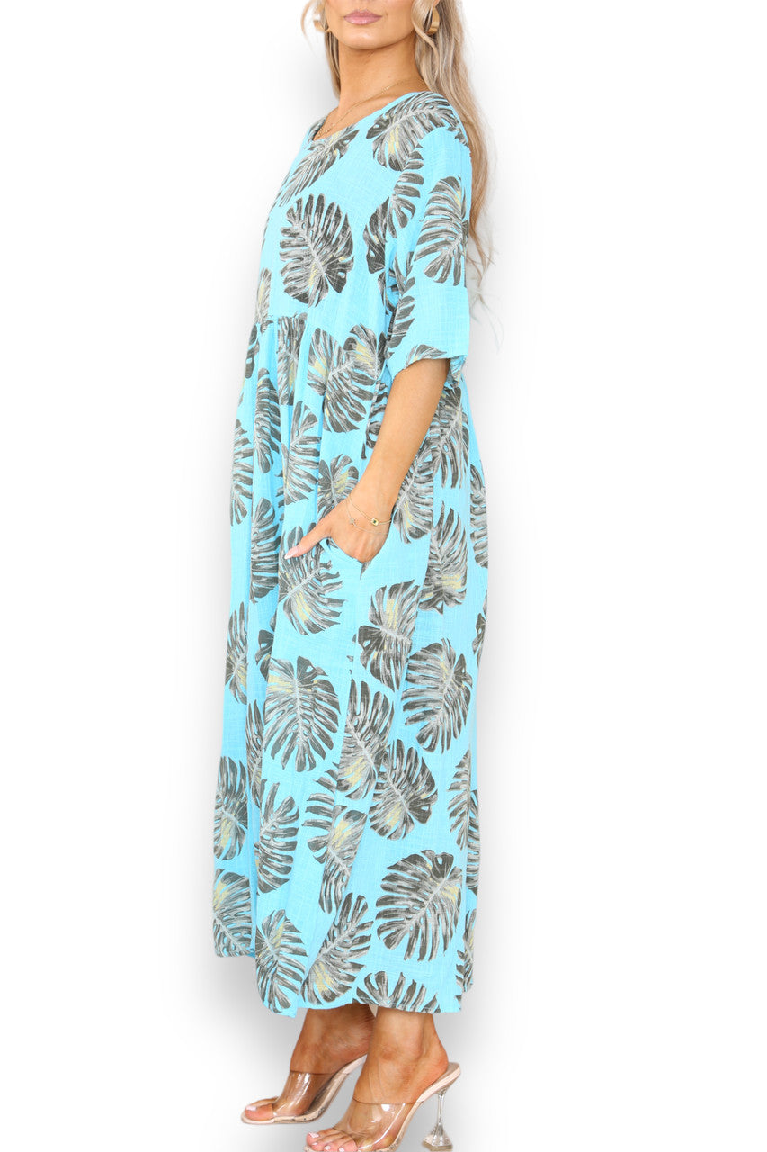 Ladies Palm Leaf Print Dress Turquoise