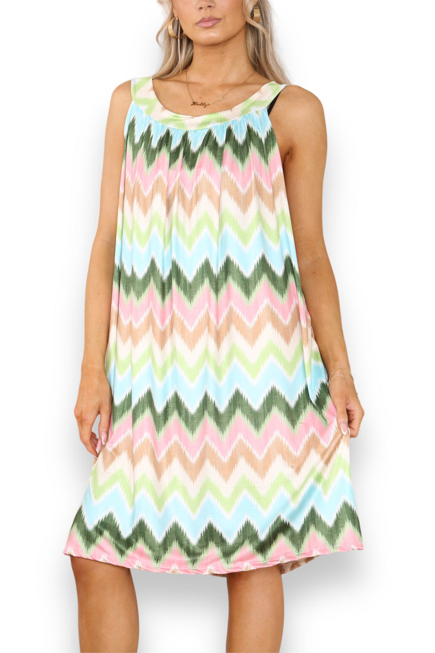 Ladies Zig-Zag Print Slinky Tie Back Dress Khaki