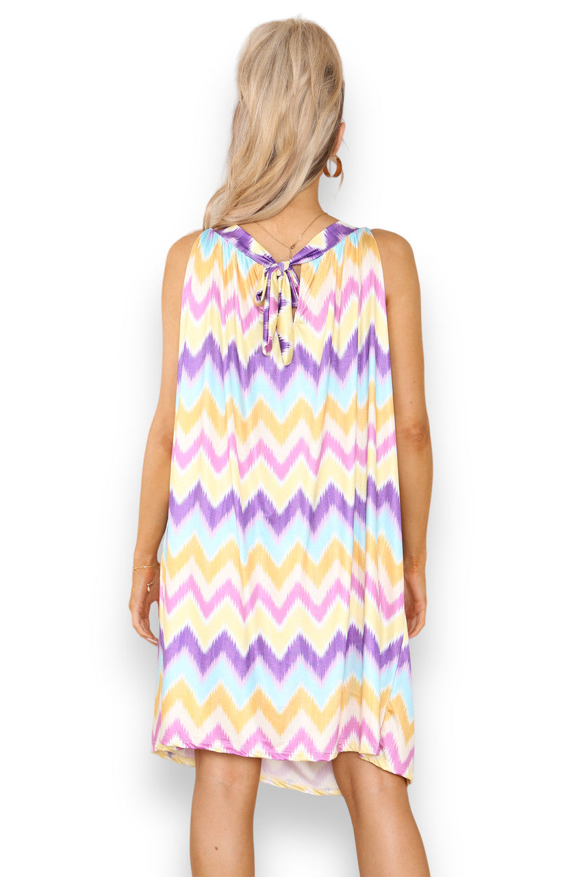 Ladies Zig-Zag Print Slinky Tie Back Dress Lilac