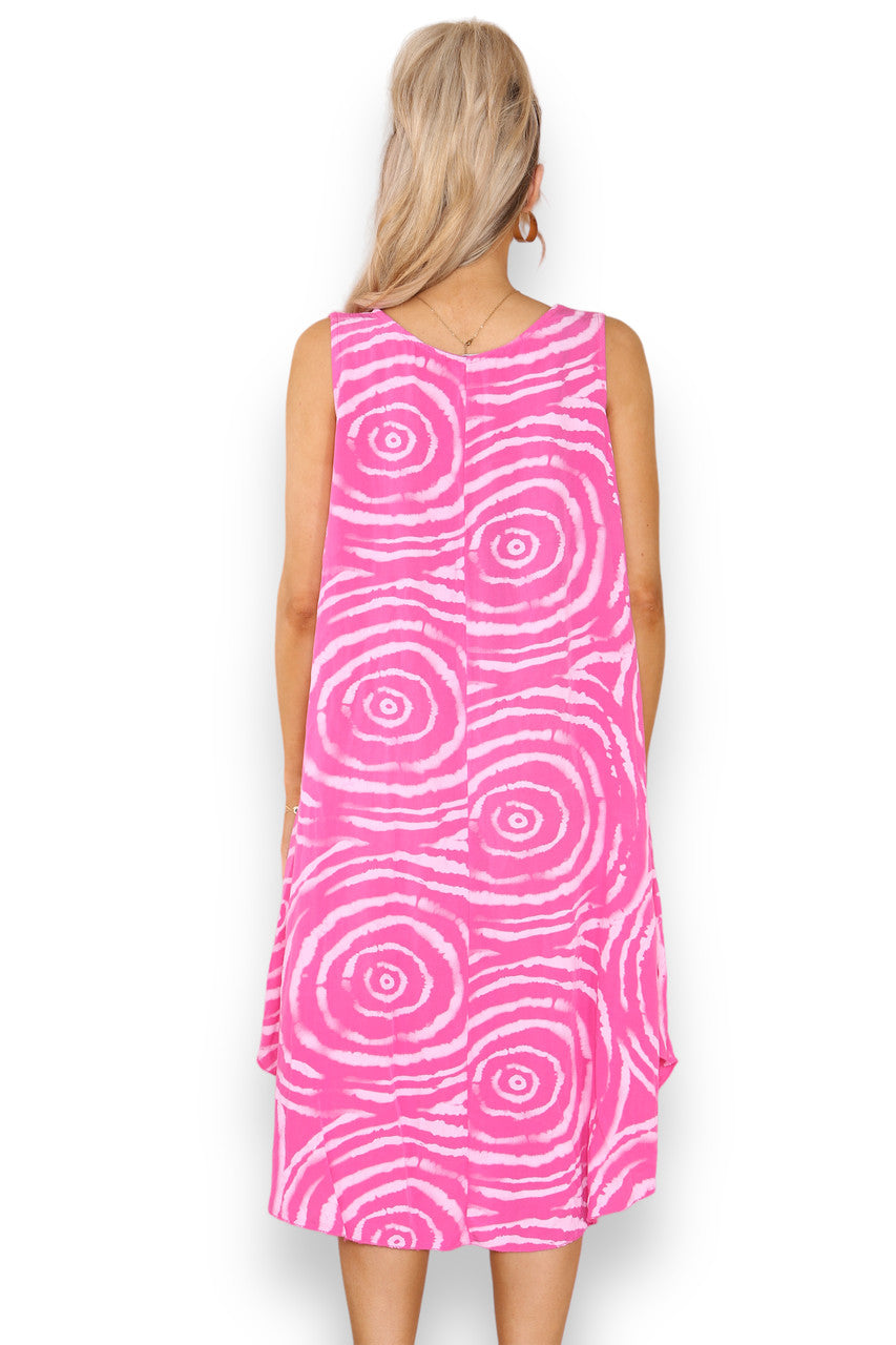 Ladies Swirl Print Sleeveless Dress Cerise