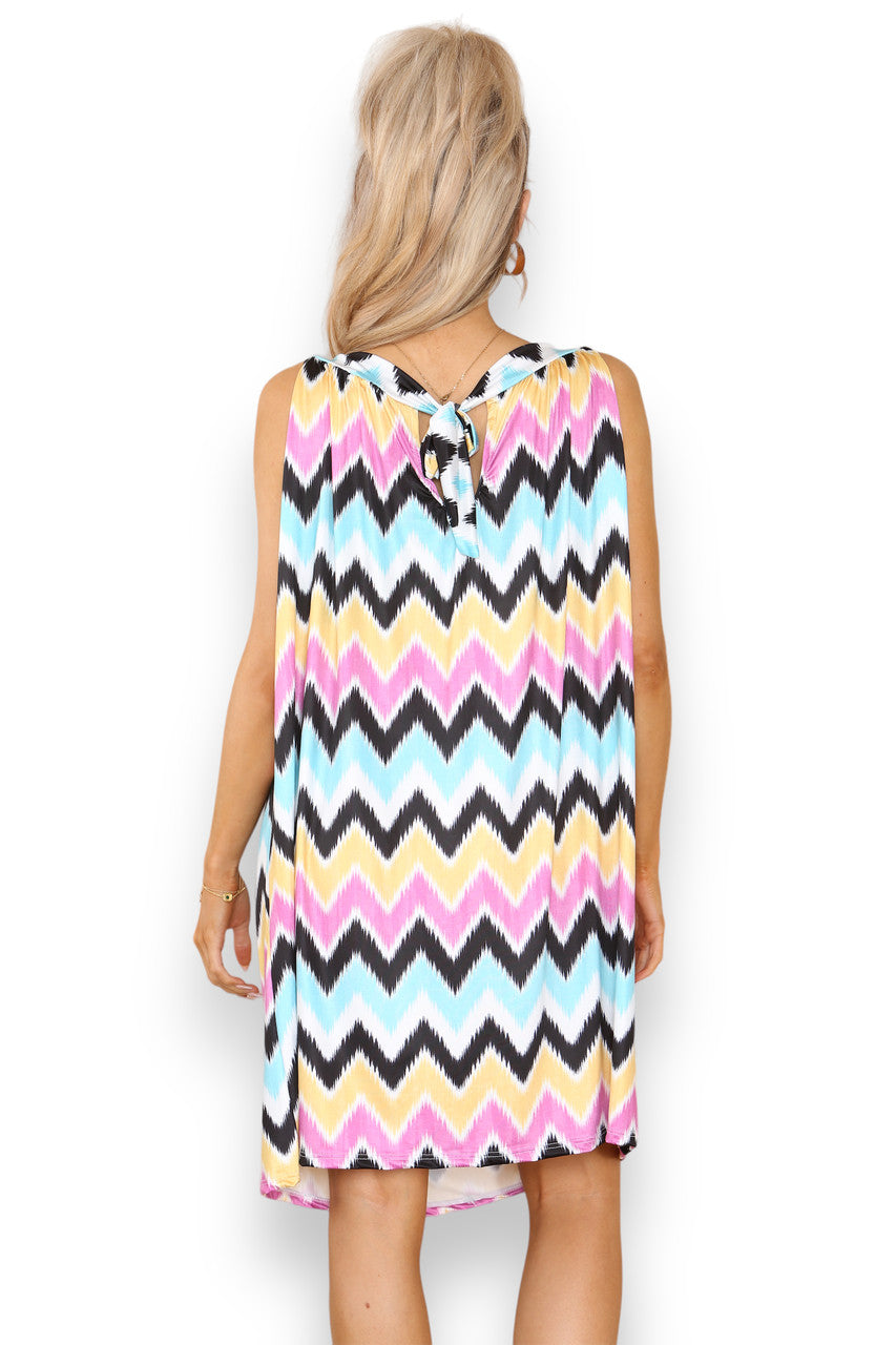 Ladies Zig-Zag Print Slinky Tie Back Dress Black