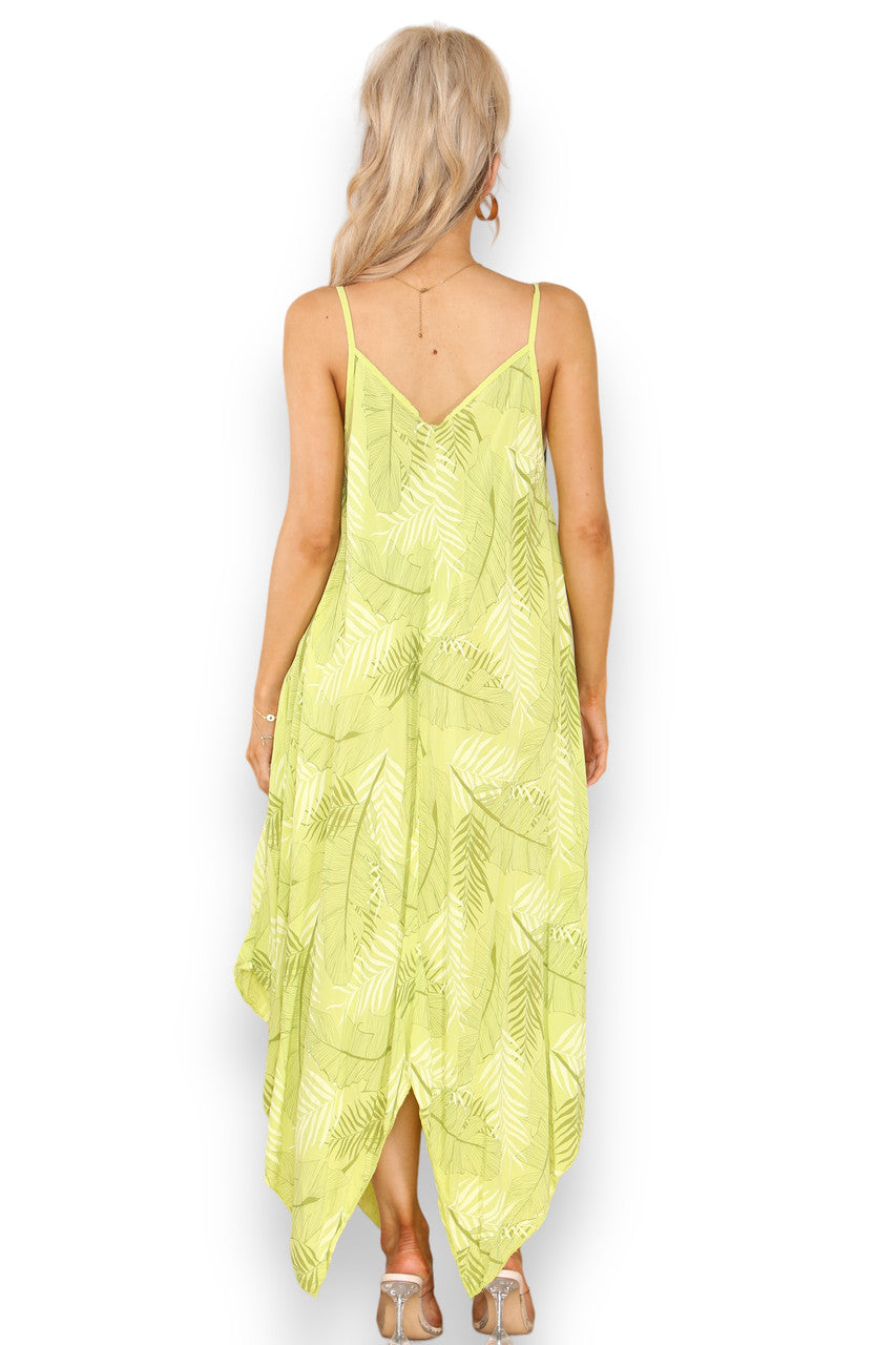 Ladies Leaf Print Strappy Dress Lime