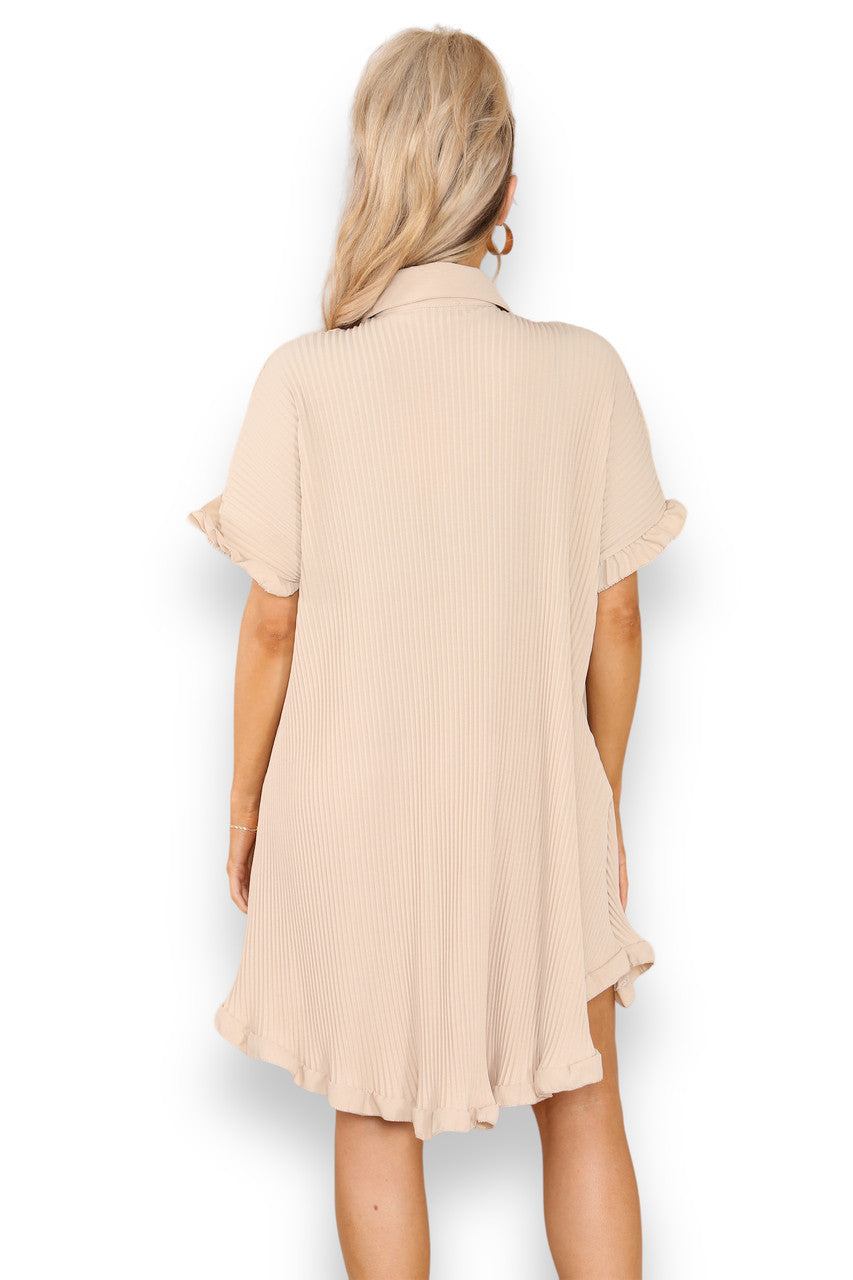 Ladies Plisse Detail Frill Hem Dress Stone