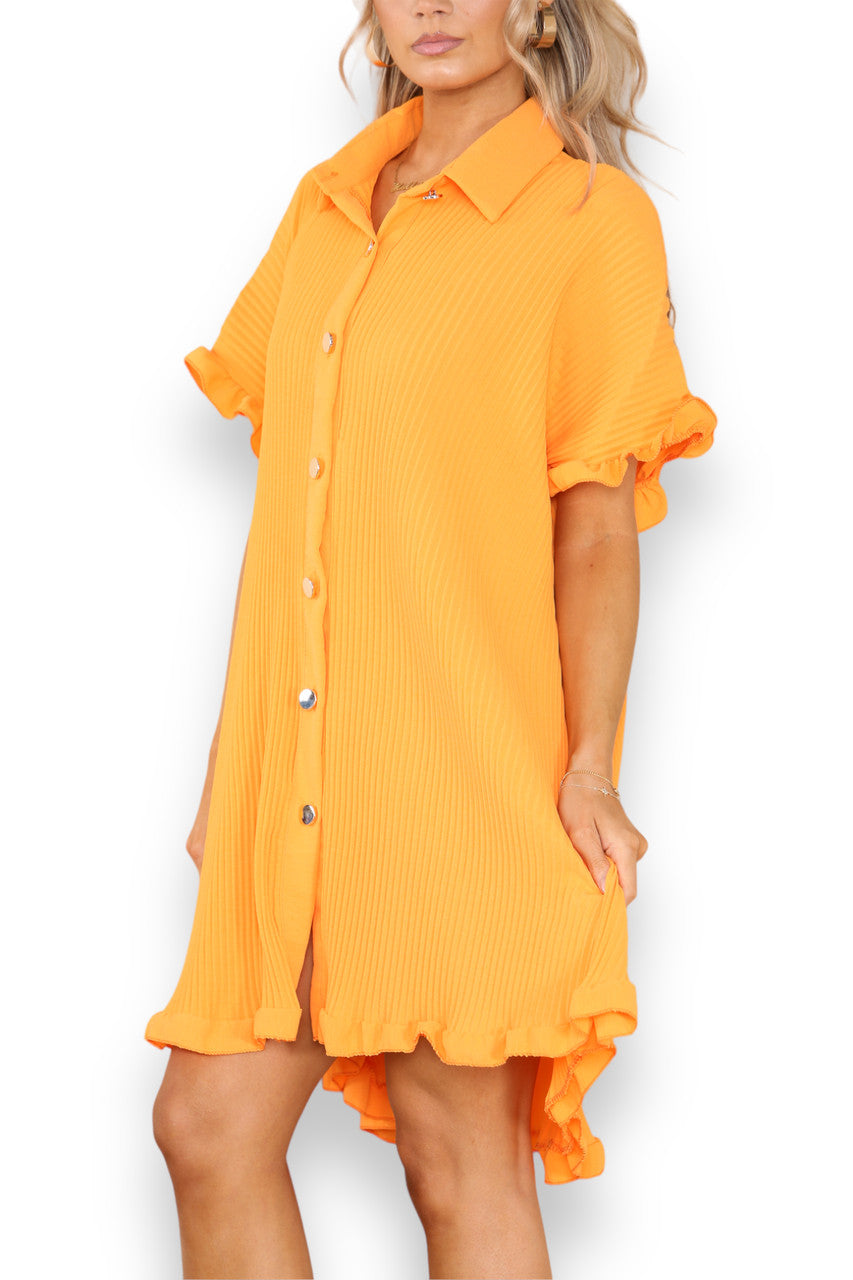 Ladies Plisse Detail Frill Hem Dress Orange