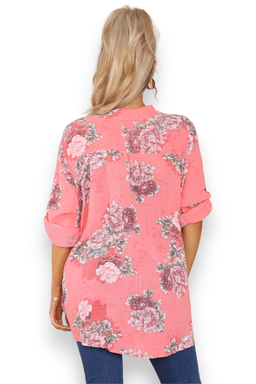 Ladies Peony Flower Print Grandad Shirt Coral
