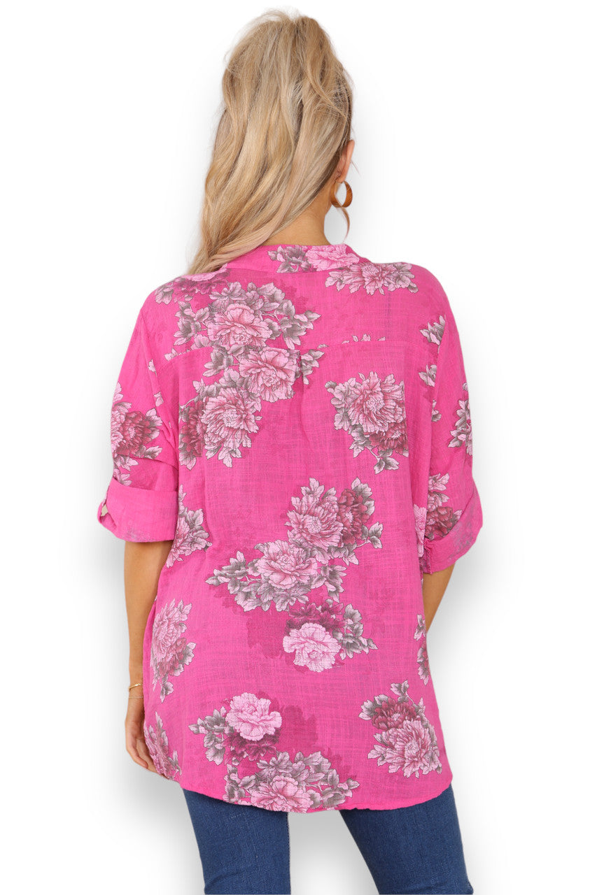 Ladies Peony Flower Print Grandad Shirt Cerise