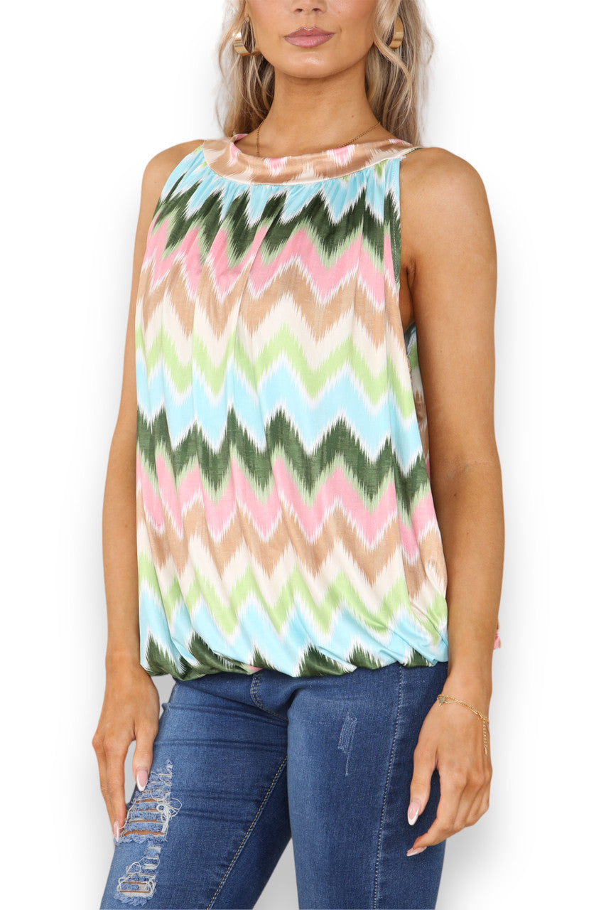 Ladies Zig-Zag Print Slinky Tie Back Top Khaki