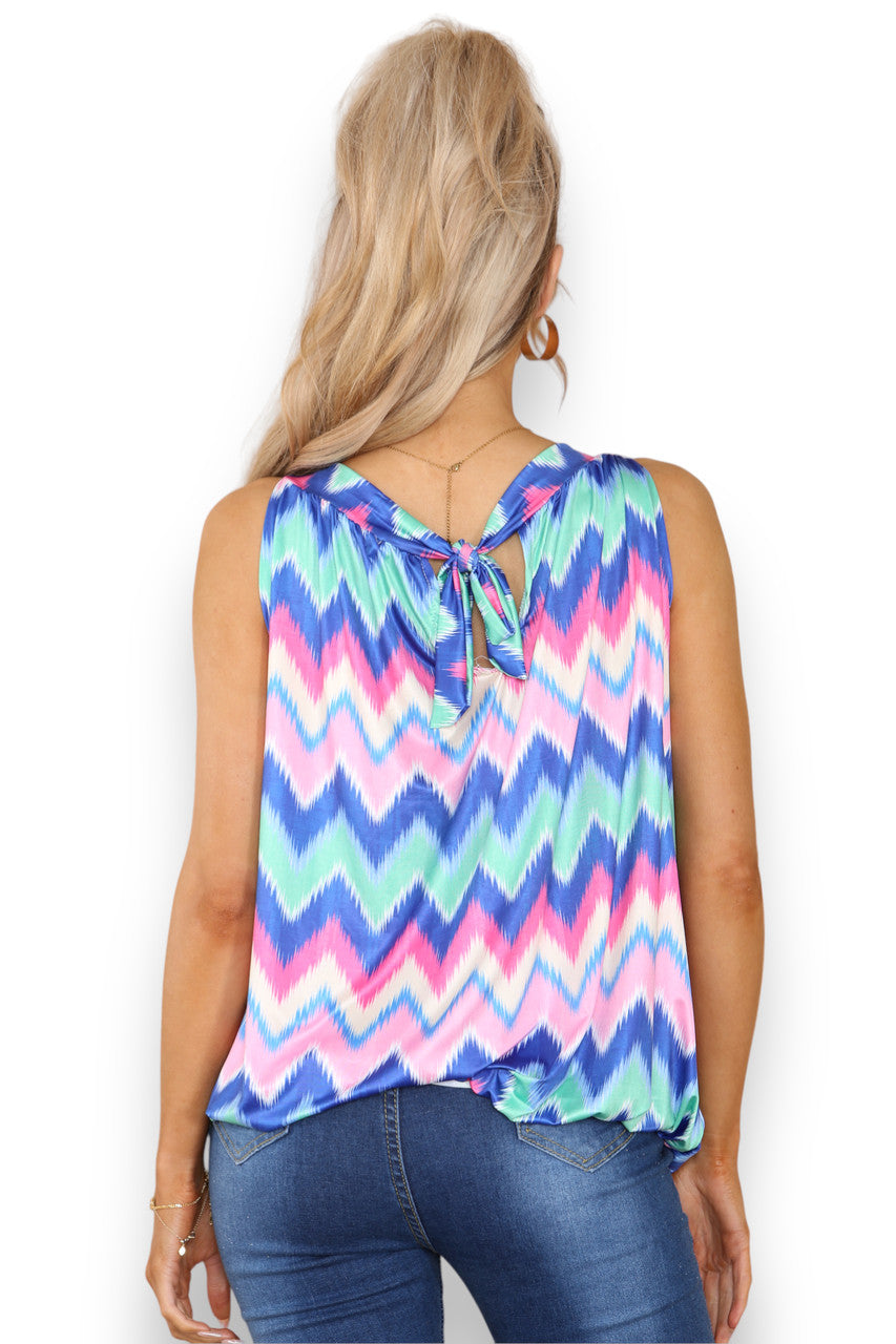 Dames Zigzag Print Slinky Top met Strik op de Rug Blauw