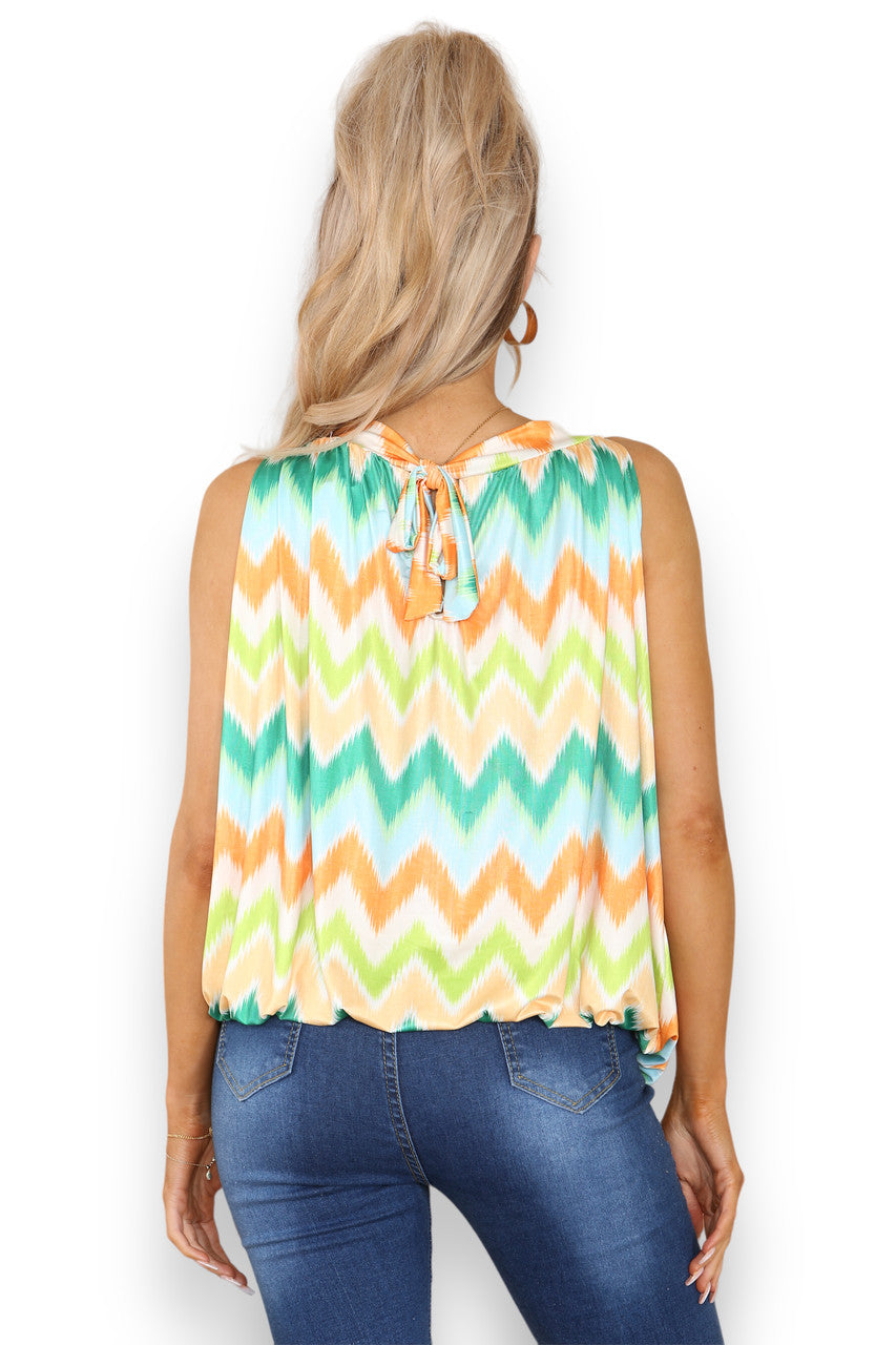 Ladies Zig-Zag Print Slinky Tie Back Top Orange