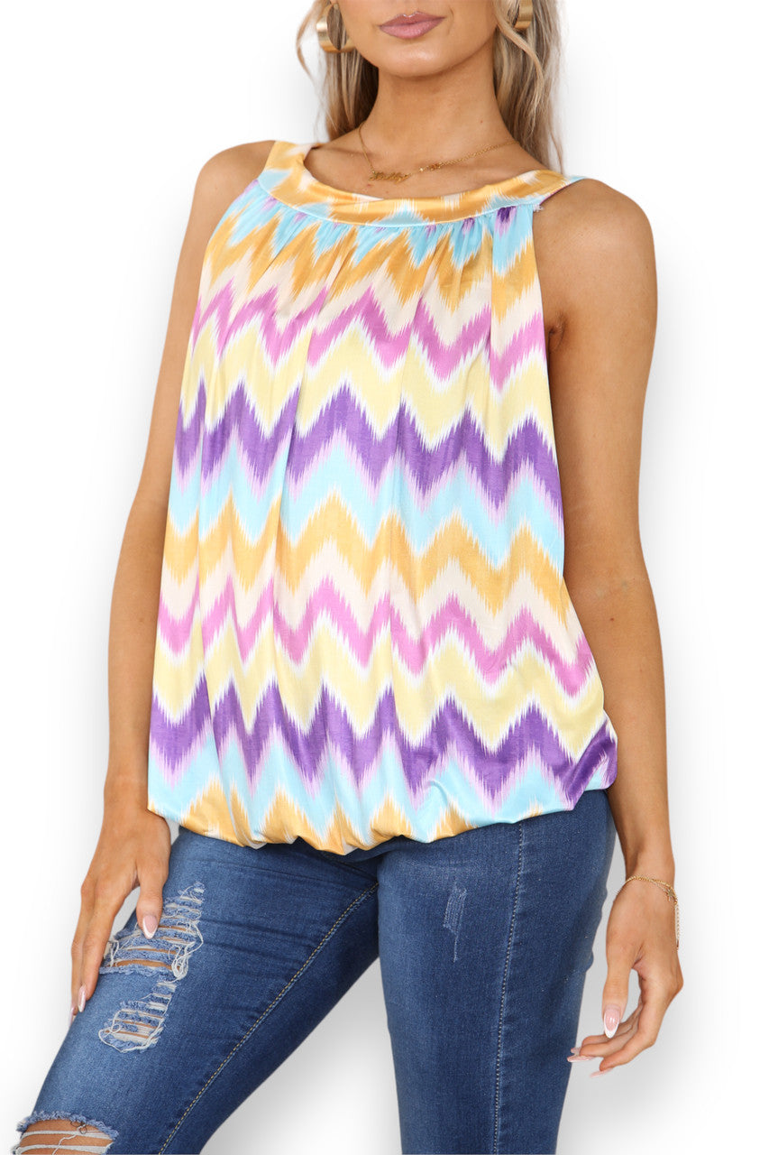 Ladies Zig-Zag Print Slinky Tie Back Top Purple