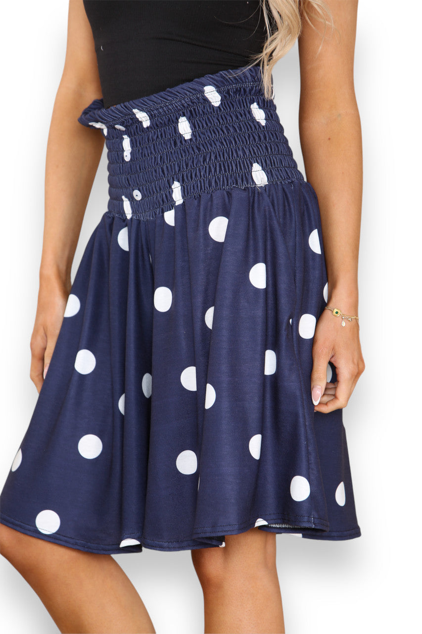 Ladies Polka Dot Shirred 2 Way Playsuit/Shorts Navy