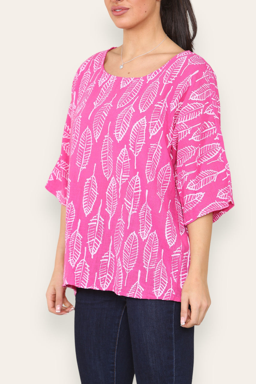 LEAF SKELETON PRINT TOP CERISE