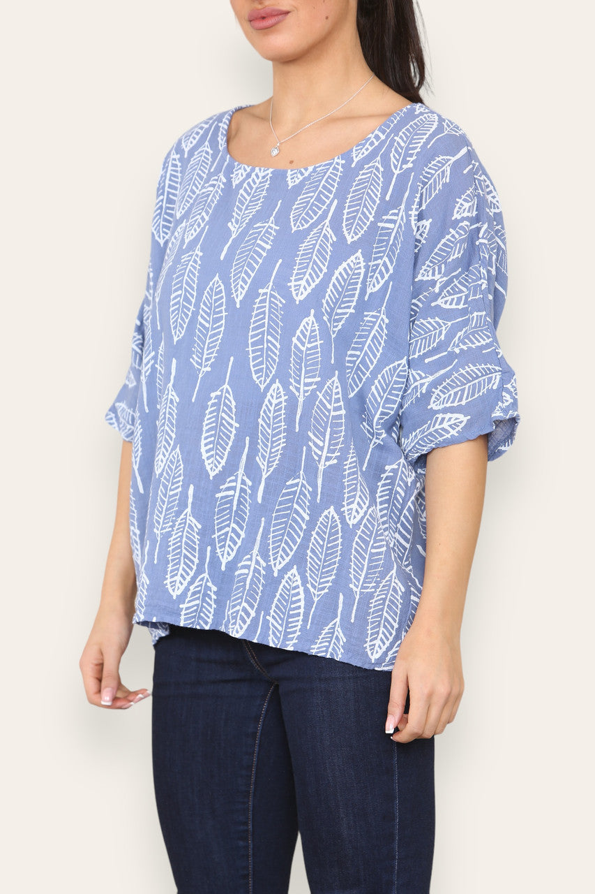 LEAF SKELETON PRINT TOP DENIM