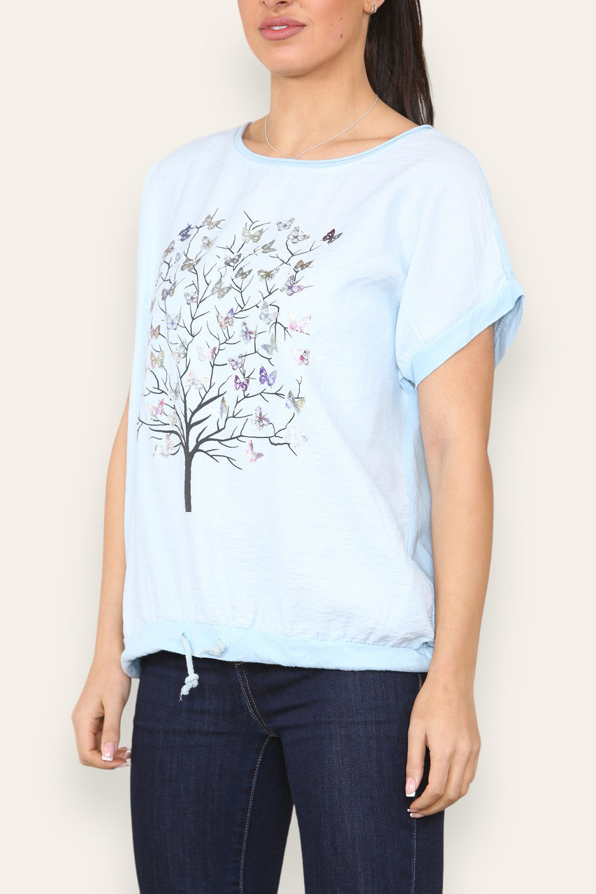 BUTTERFLY TREE FOIL GRAPHIC TOP SKY BLUE
