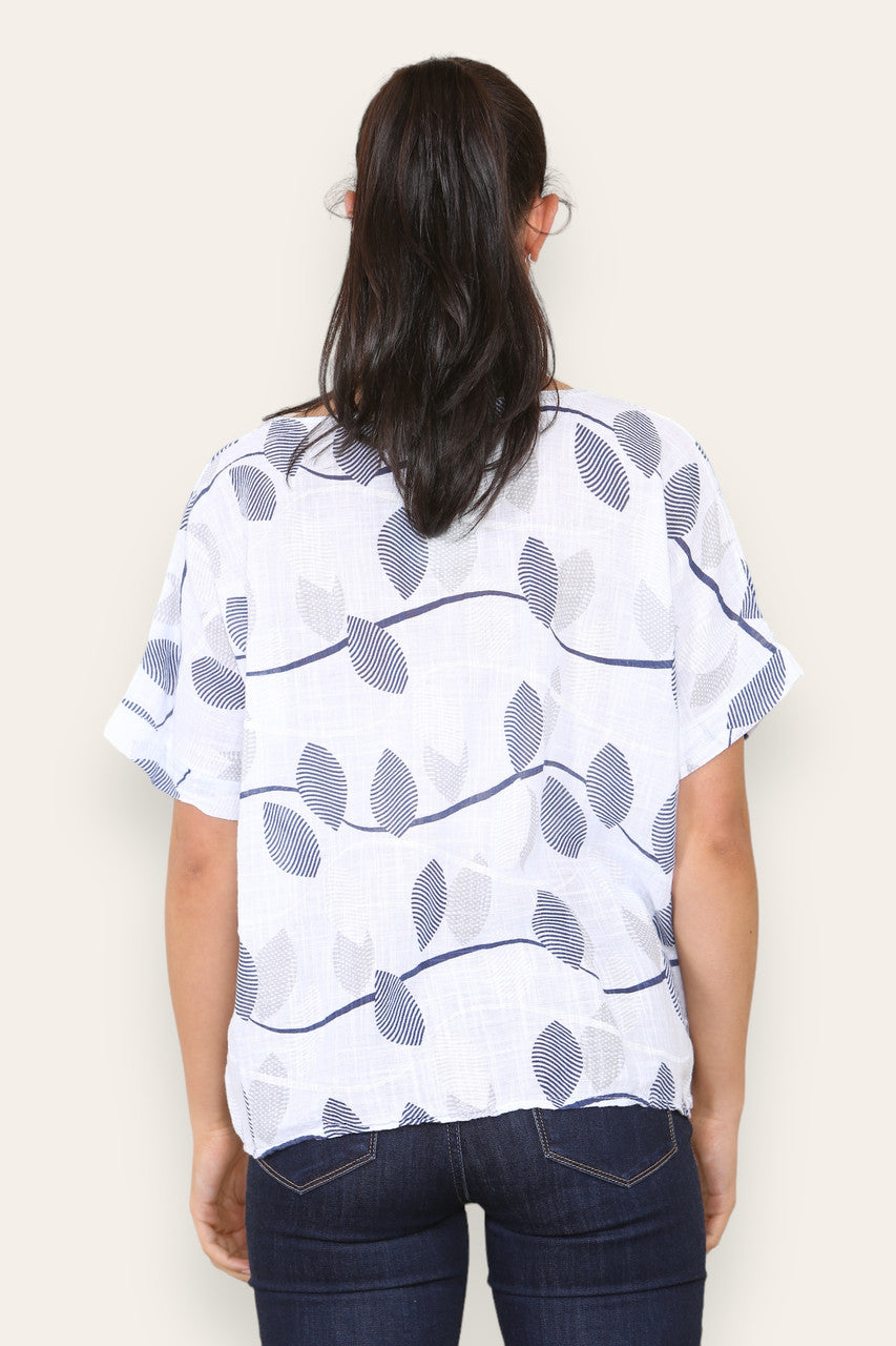 SHORT SLEEVE STRIPE LEAF PRINT TOP WHITE