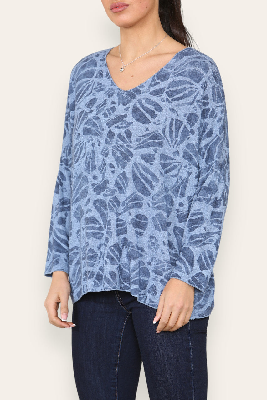 ABSTRACT PRINT FINE KNIT JUMPER TOP DENIM