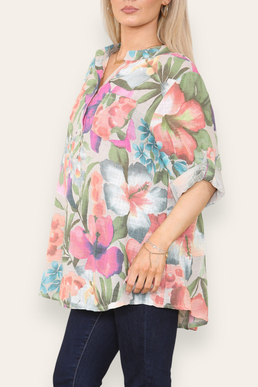 TROPICAL PRINT GRANDAD SHIRT STONE