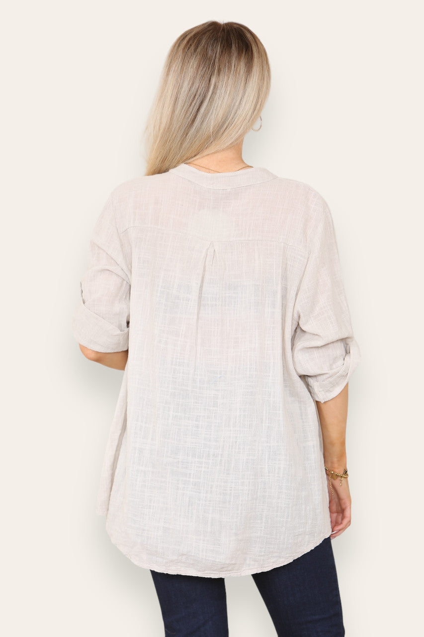 PLAIN GRANDAD SHIRT STONE