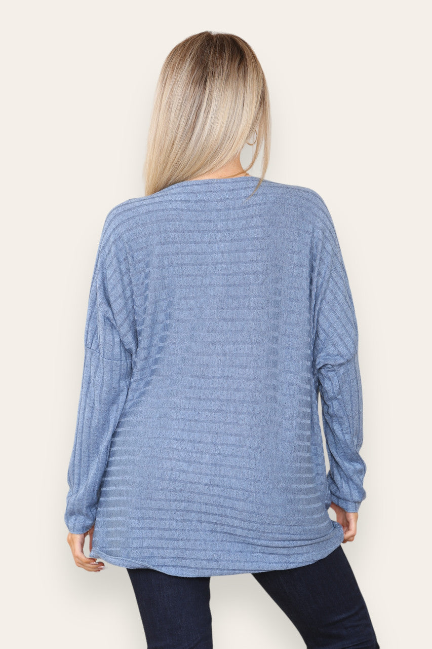 WIDE RIBBED FINE KNITTED JUMPER TOP DENIM