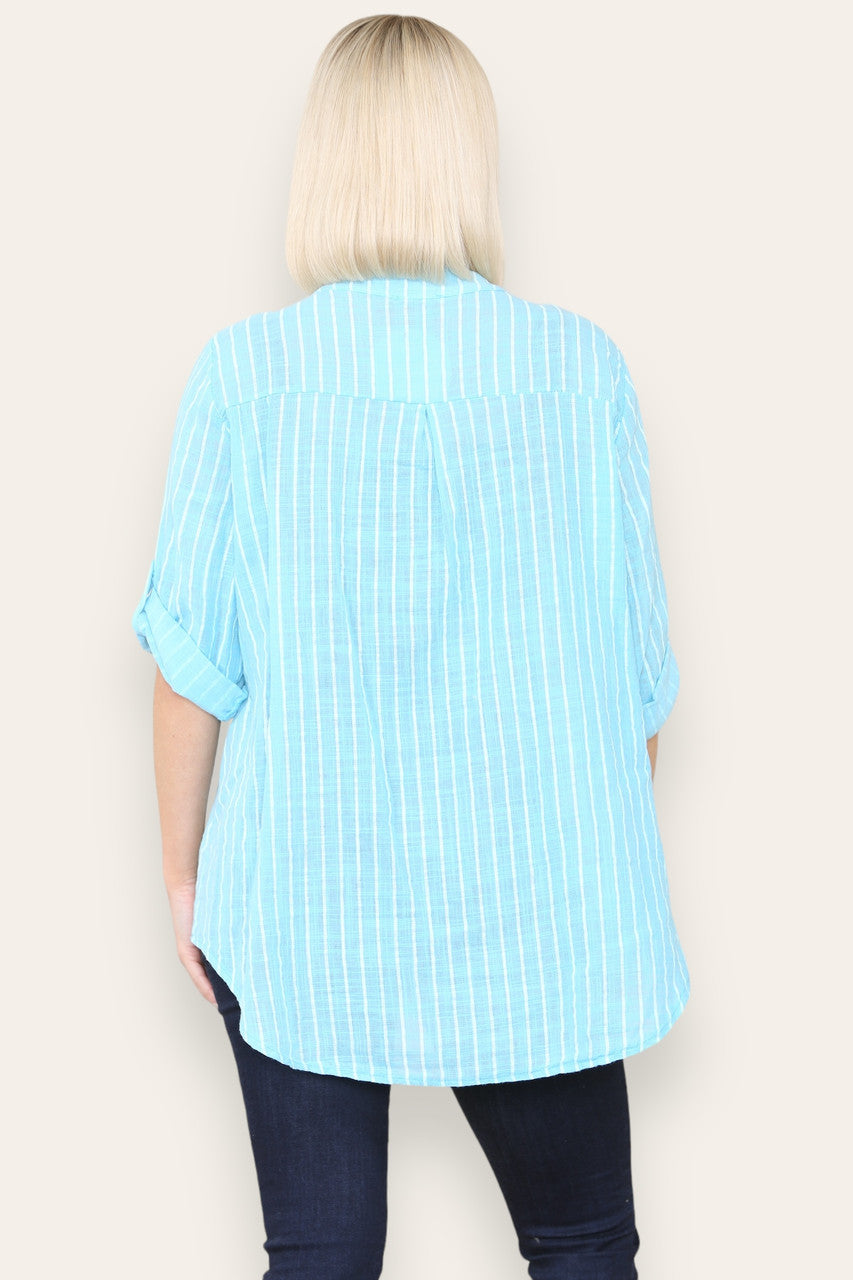 STRIPE GRANDAD SHIRT BLOUSE TURQUOISE