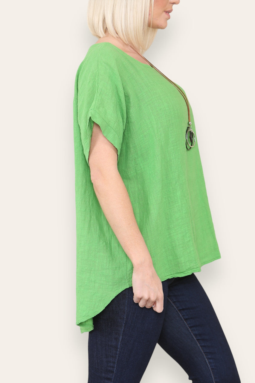 BUTTON BACK DETAIL TOP WITH NECKLACE GREEN