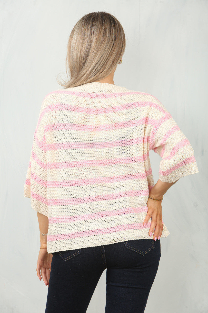 GEBREIDE GESTREEPTE TRUI MET 3/4 MOUWEN - WIT/ROZE