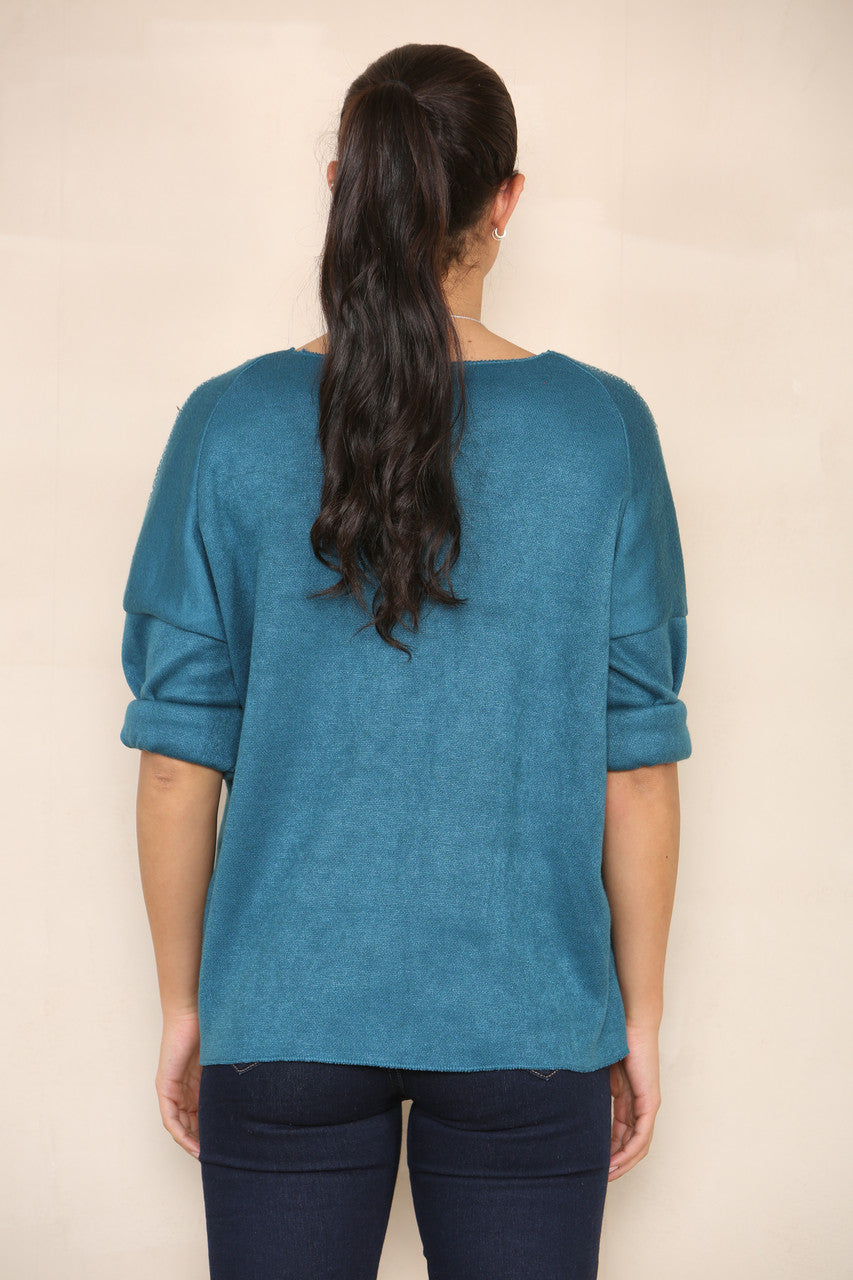 TRUI MET SCHOUDERDETAIL MET DIAMANTENPATROON TEAL