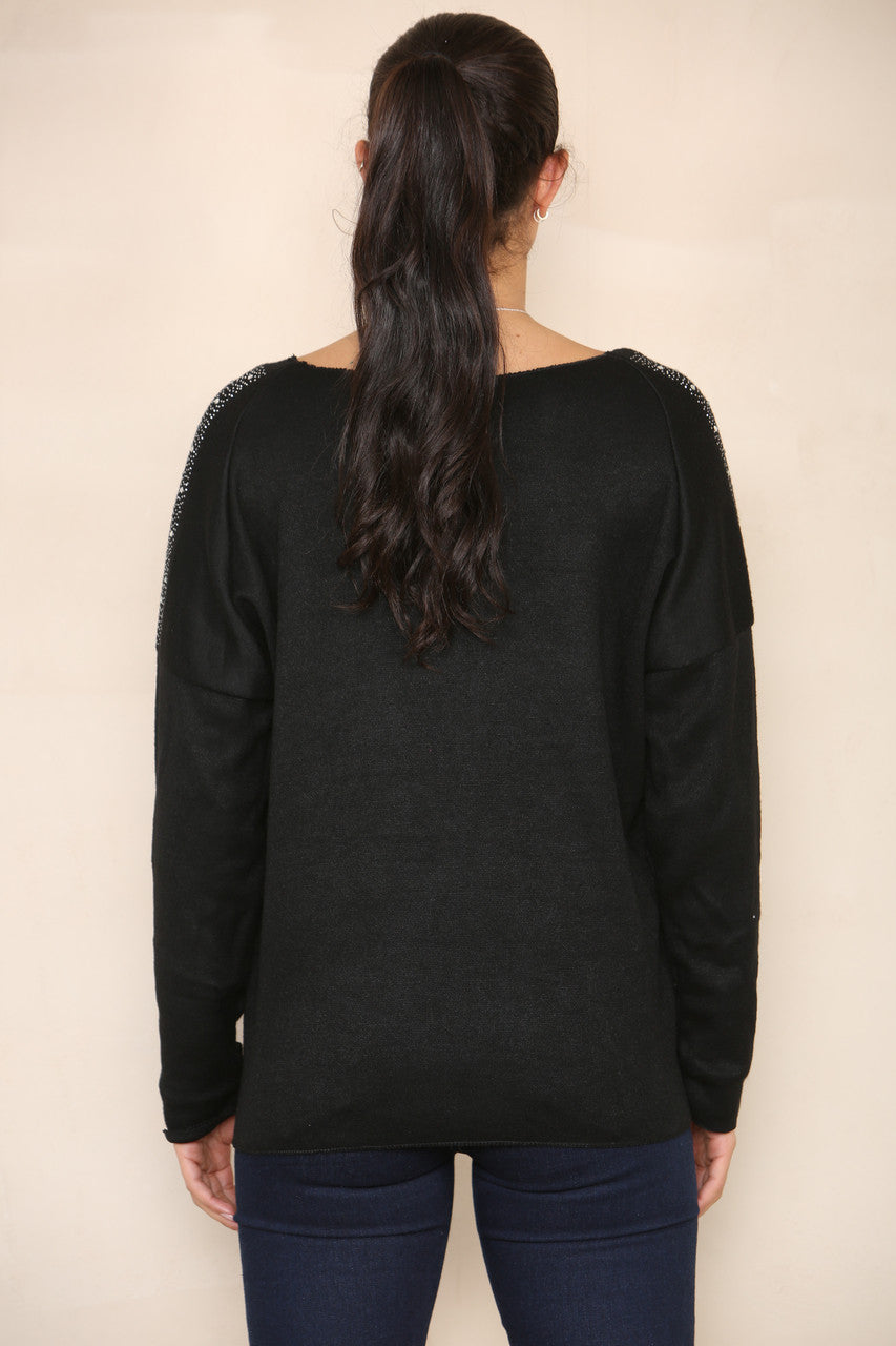 DIAMANTE SHOULDER DETAIL KNIT JUMPER BLACK