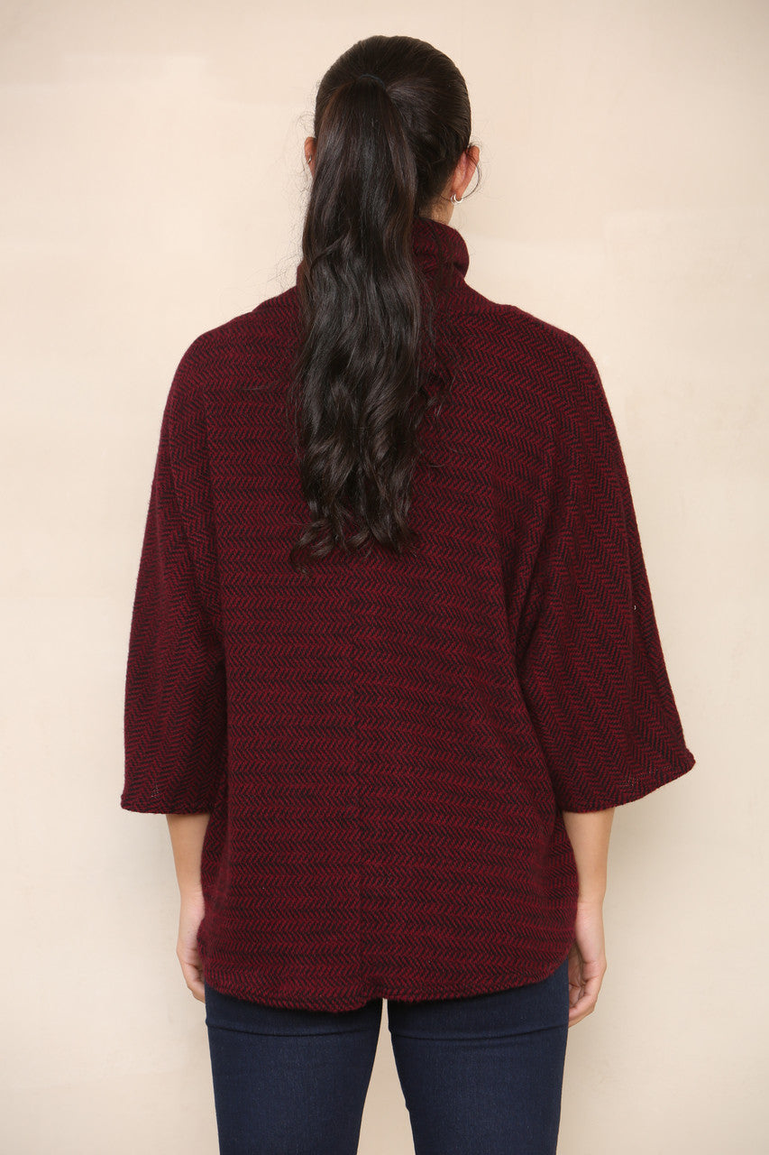 HERRINGBONE YARN KNIT COWL NECK JUMPER BURGUNDY