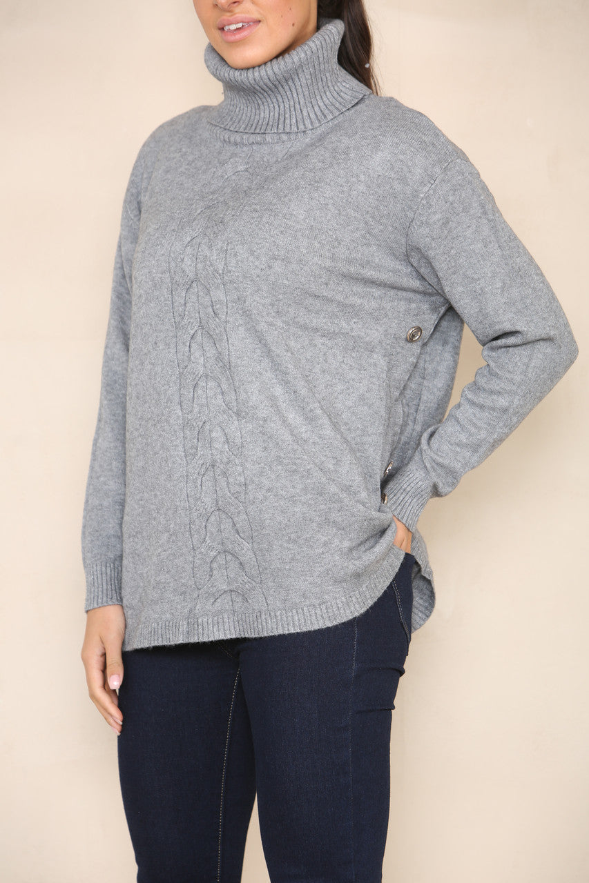 CABLE & BUTTON DETAIL SOFT KNIT JUMPER GREY