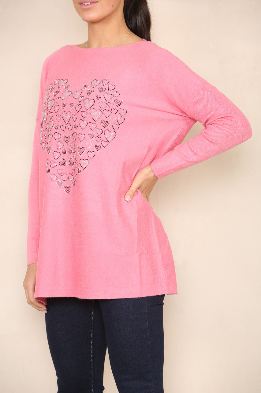 SEQUIN HEART OF HEARTS SOFT KNIT JUMPER PINK