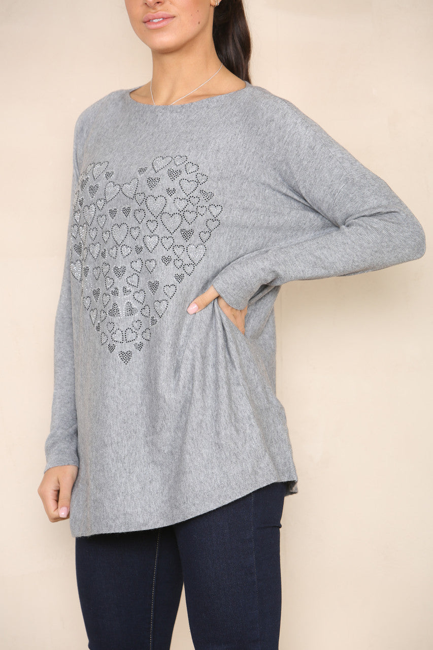 SEQUIN HEART OF HEARTS SOFT KNIT JUMPER GREY