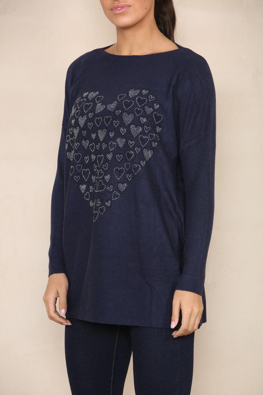 SEQUIN HEART OF HEARTS SOFT KNIT JUMPER NAVY