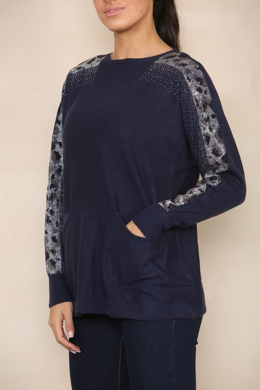 SEQUIN SLEEVE SOFT KNIT JUMPER NAVY