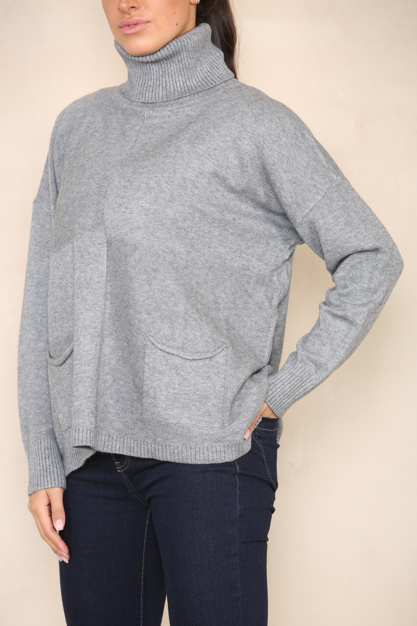 POCKET FRONT SOFT KNIT ROLL NECK JUMPER GREY