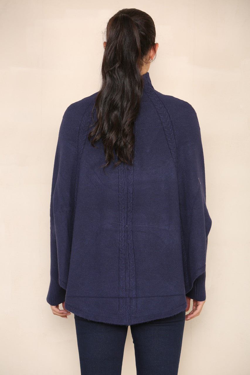 VERTICAL CABLE SOFT KNIT BATWING HIGH NECK JUMPER NAVY