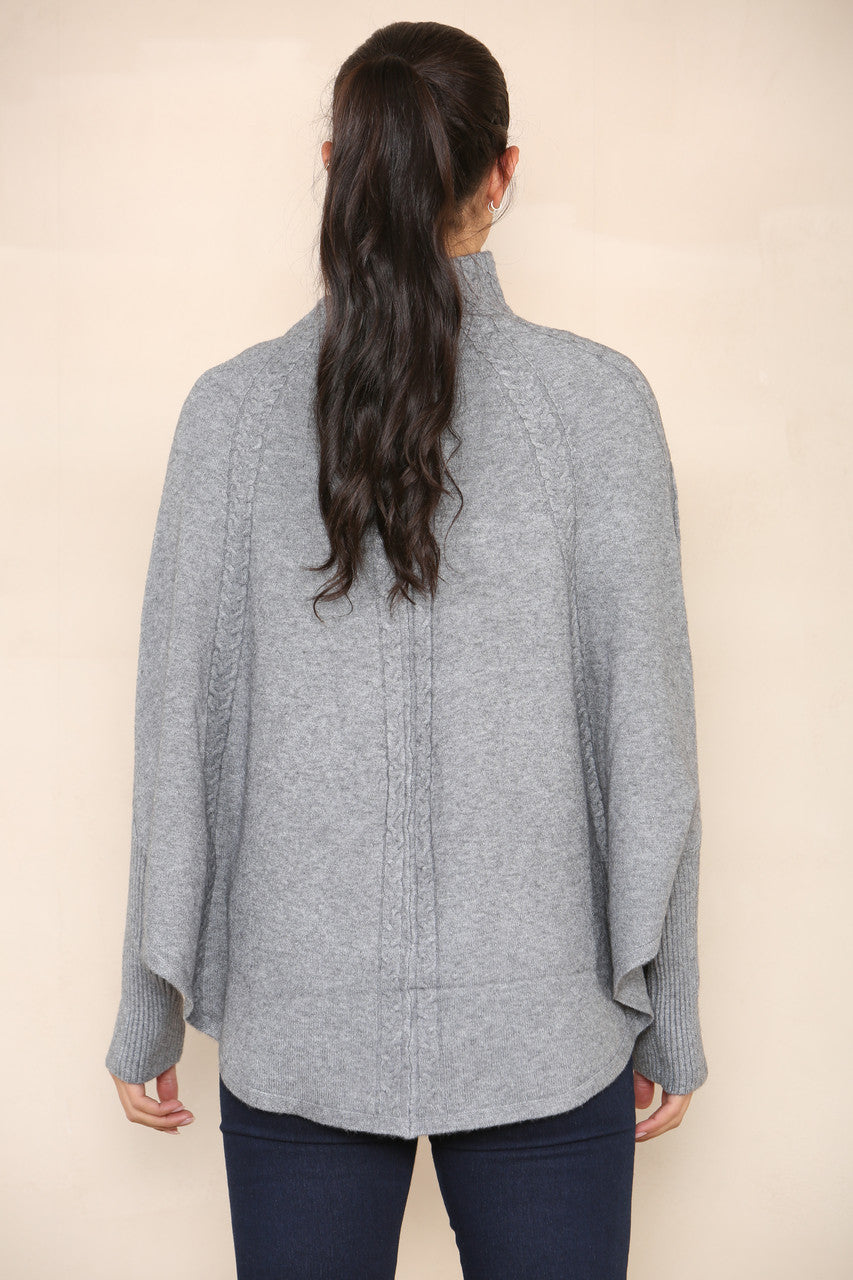 VERTICAL CABLE SOFT KNIT BATWING HIGH NECK JUMPER GREY