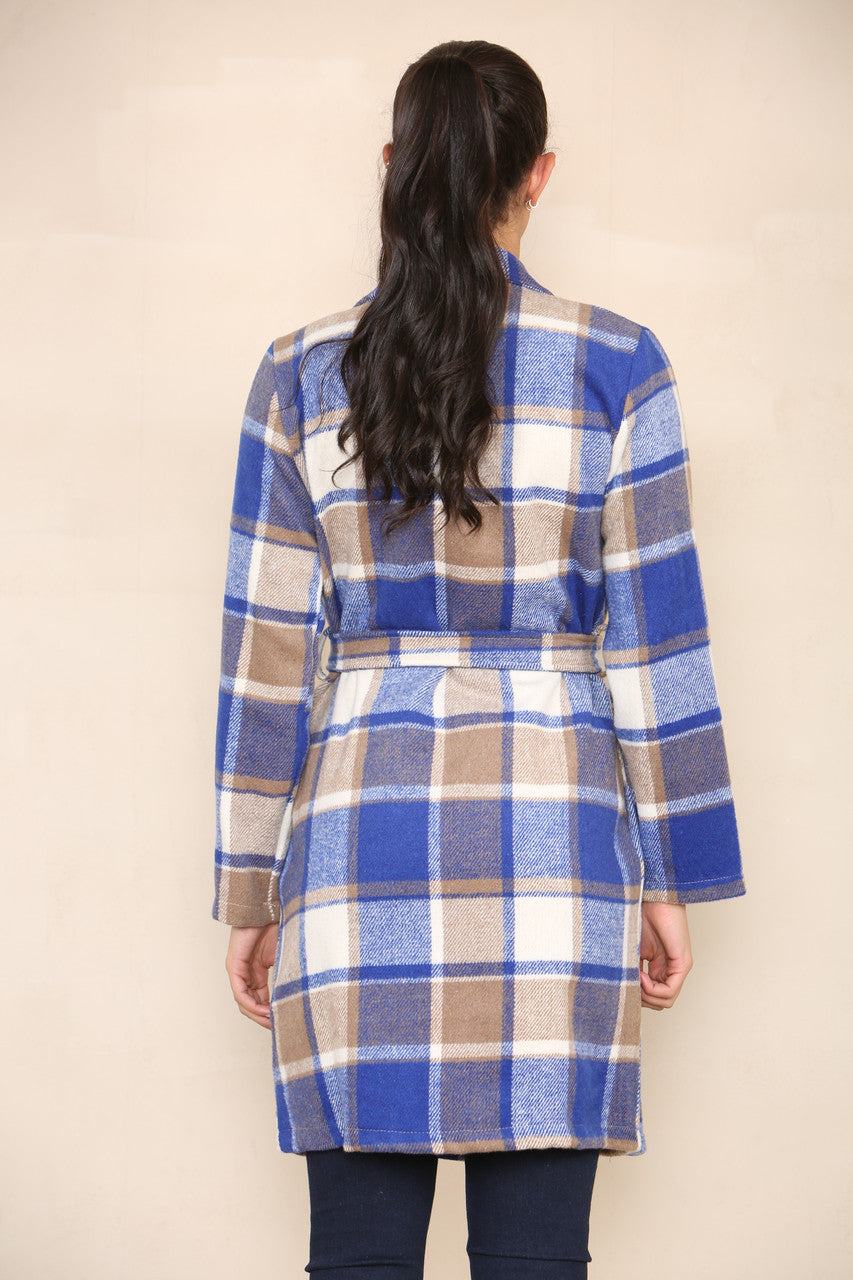 CHECK BELTED CARDIGAN JACKET BLUE