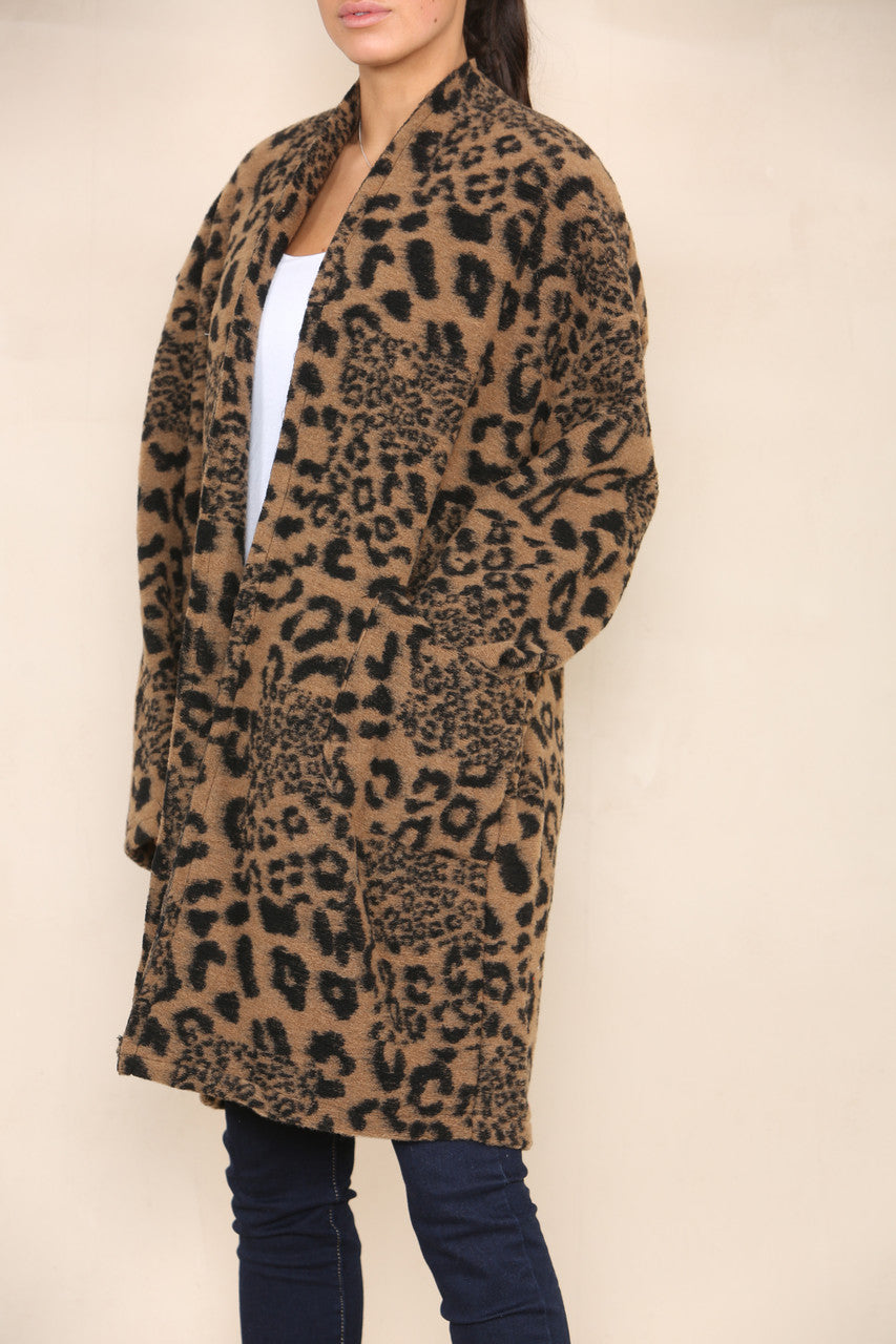 LEOPARD PRINT BOILED WOOL COAT JACKET BROWN