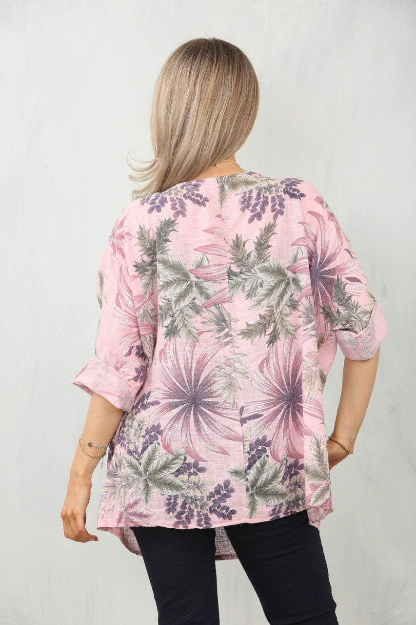 TOP MET BLAD- EN BOOMPRINT - ROZE