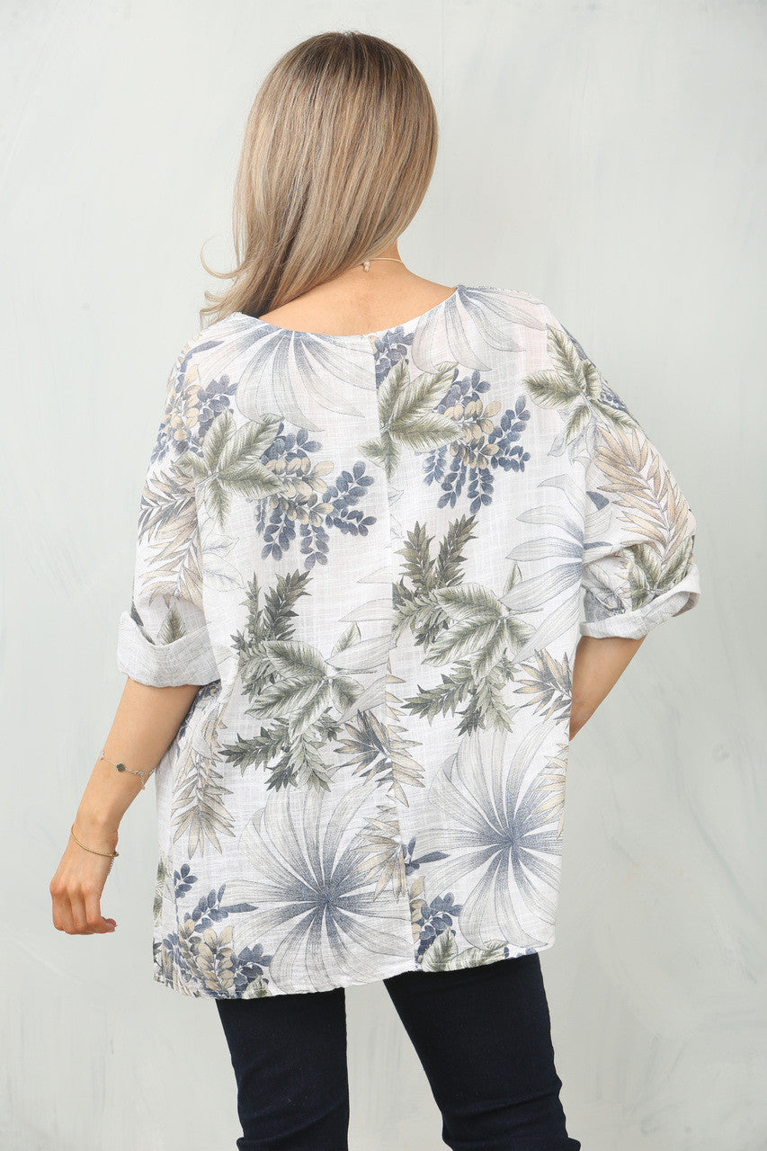 TOP MET BLAD- EN BOOMPRINT - WIT
