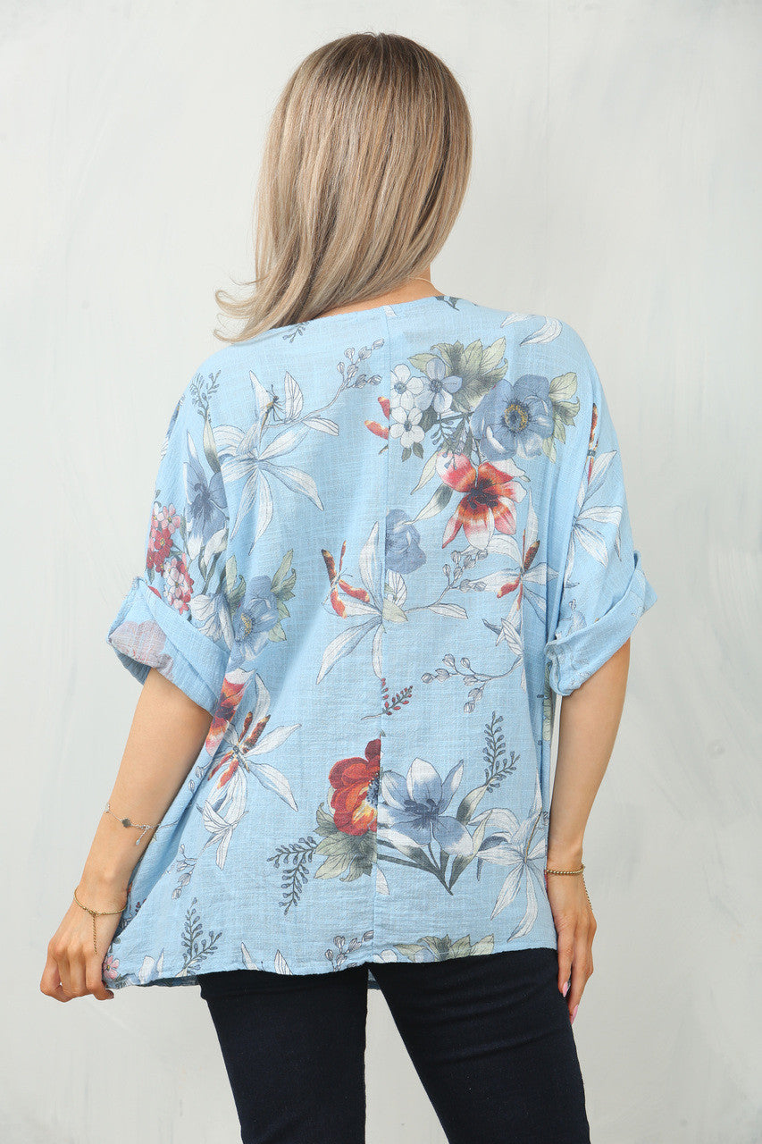 TOP MET PAPAVERBLOEMENPRINT - LICHTBLAUW