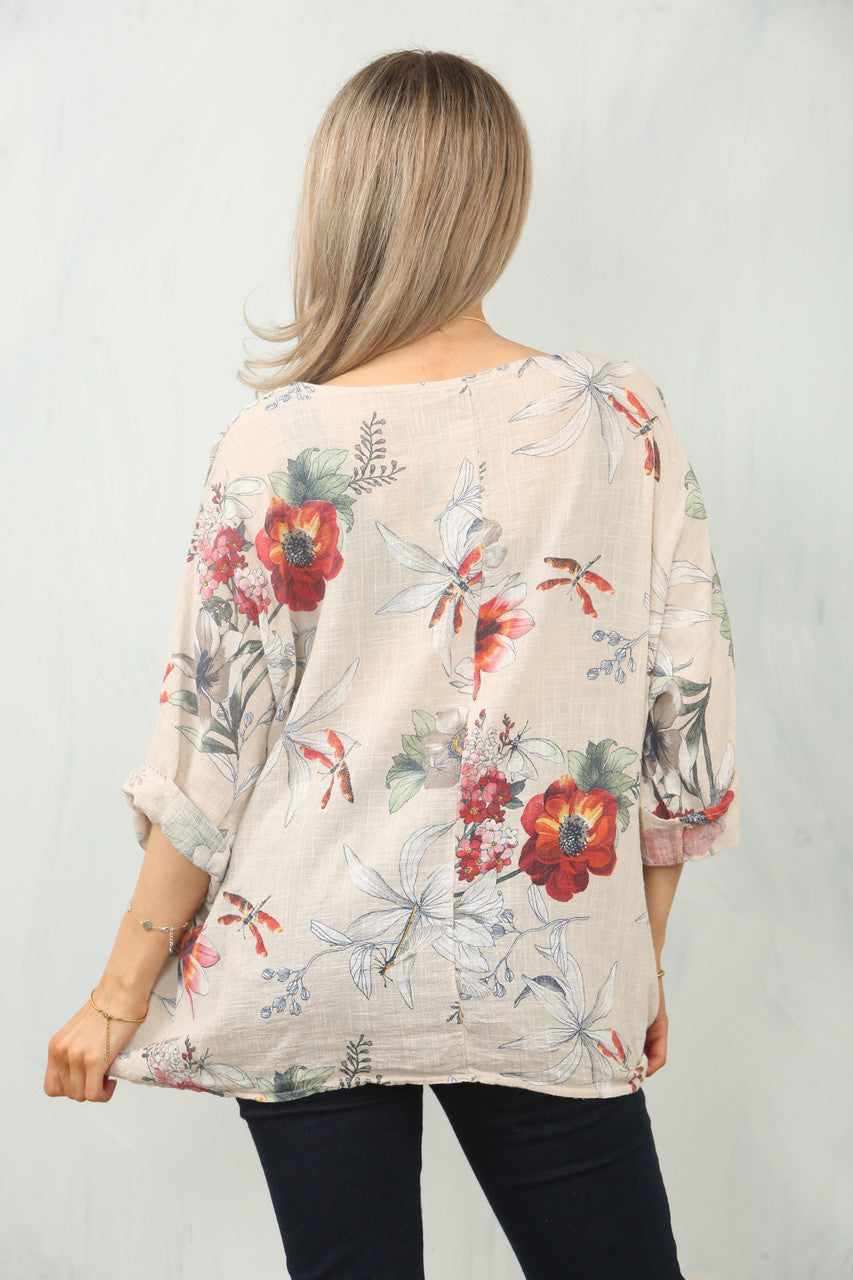 TOP MET PAPAVERBLOEMENPRINT - STEENKLEUR