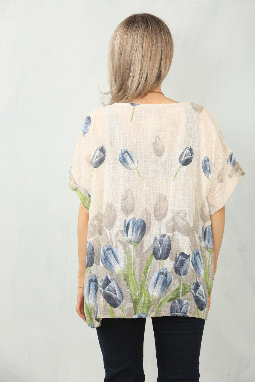 TULP BORDER PRINT TOP - STONE