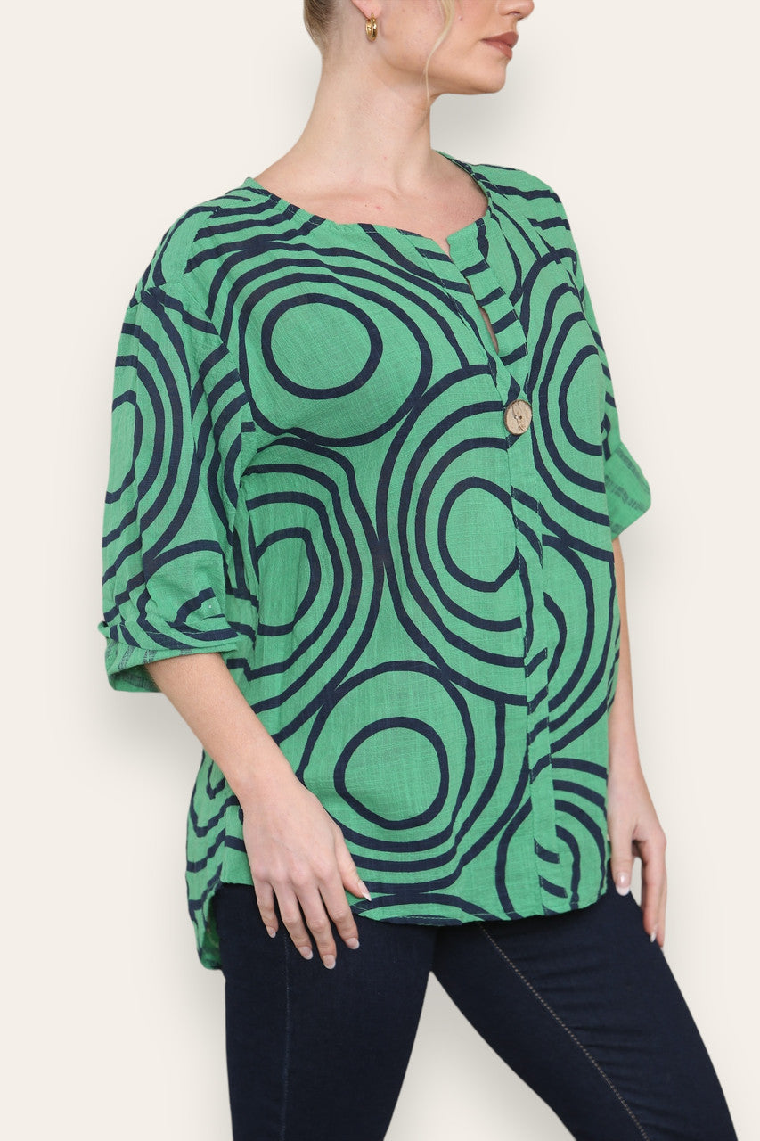 Ronde print top met mandarijnkraag en knoopsluiting - groen