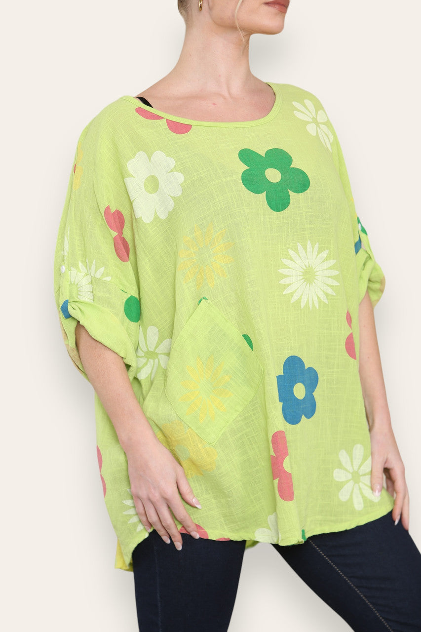 COLOURFUL FLORAL MINX PRINT TOP LIME