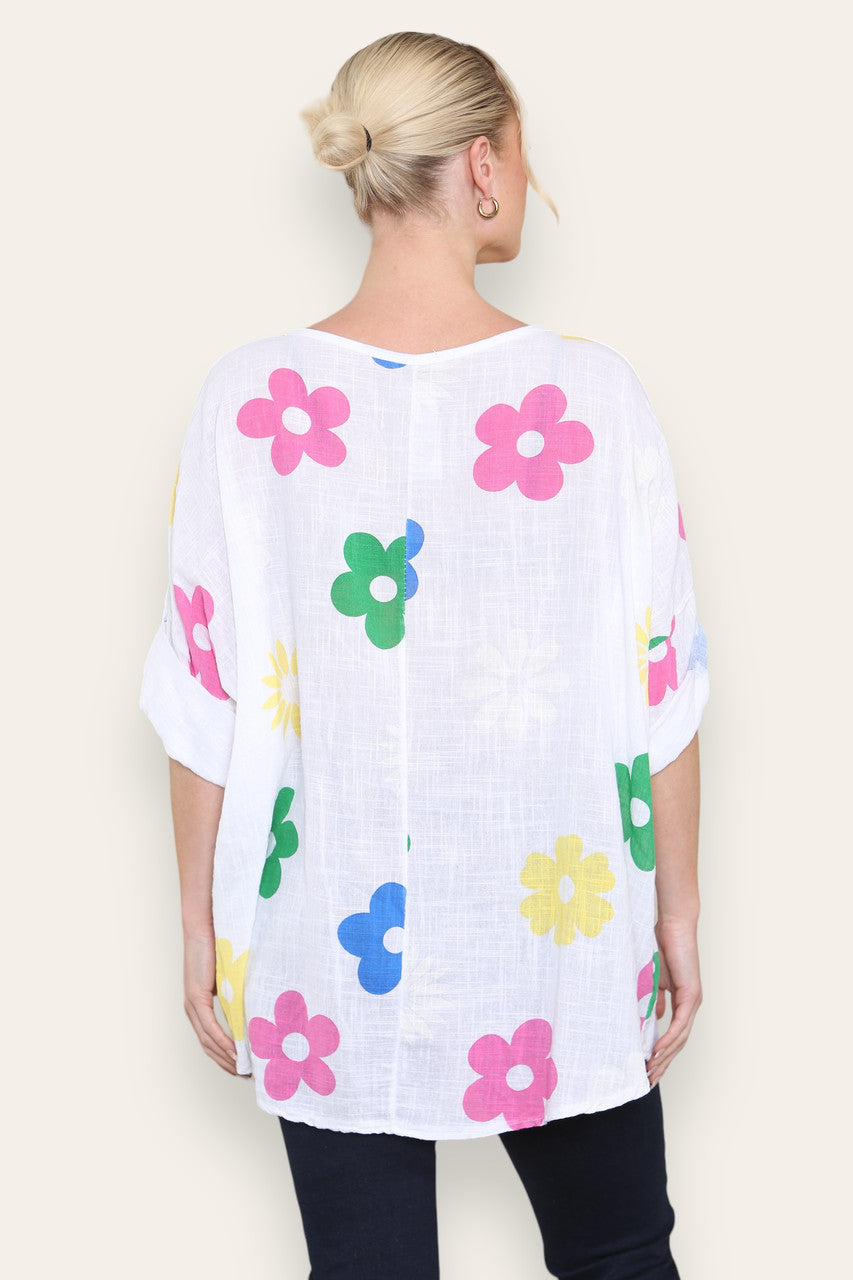 COLOURFUL FLORAL MINX PRINT TOP WHITE
