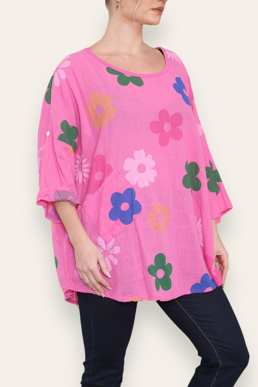 COLOURFUL FLORAL MINX PRINT TOP CERISE